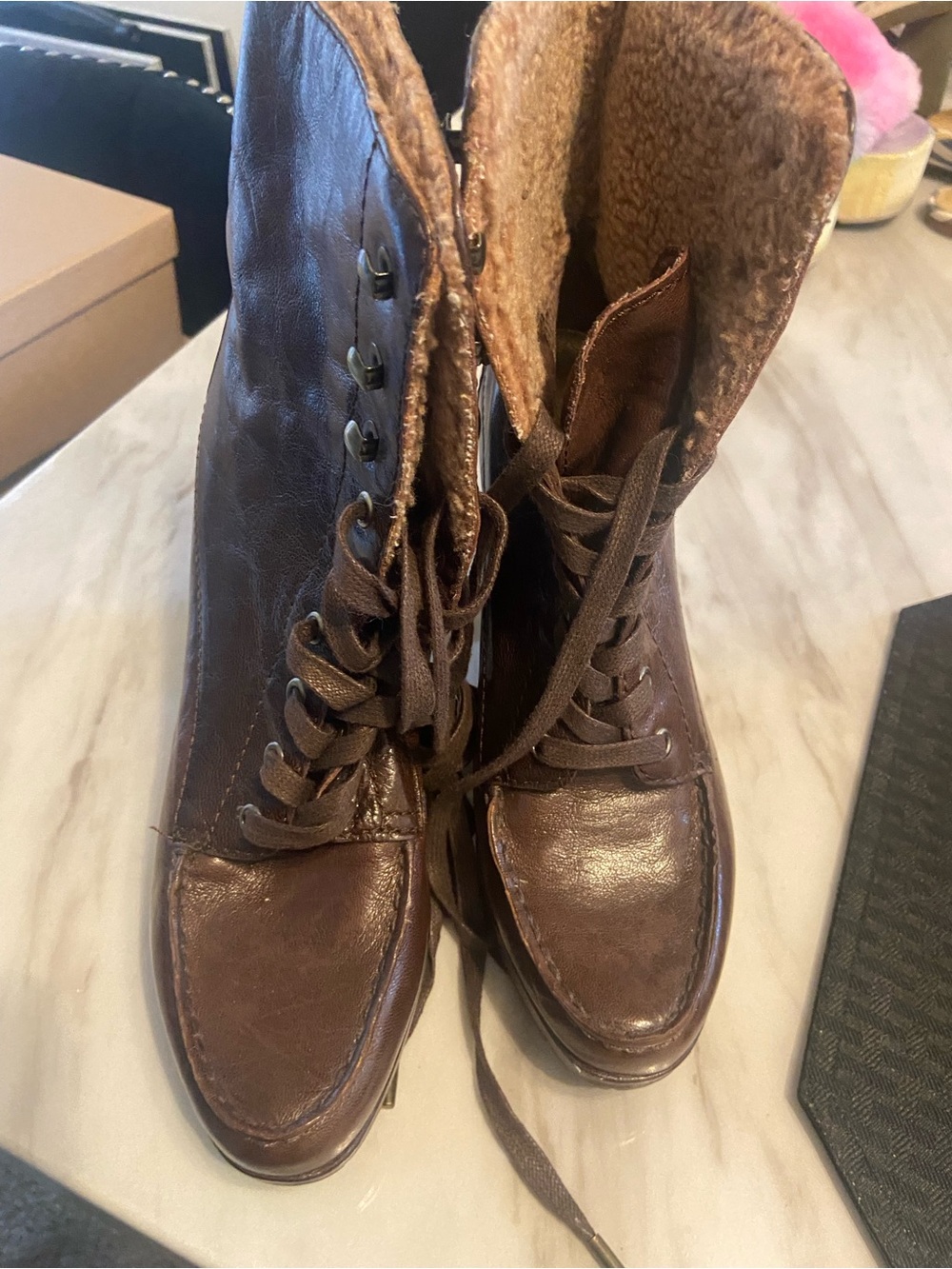Women's Faux Leather Lace-Up Ankle Boots in Brown